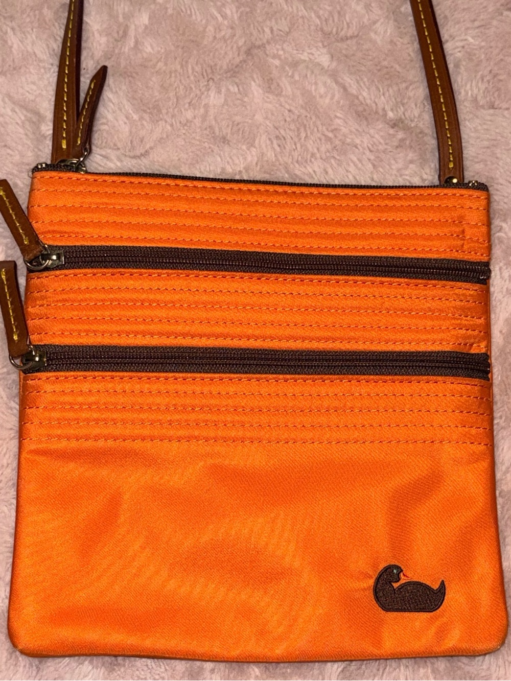 New Dooney and Bourke Orange Nylon Crossbody Bag with Triple Zip Pockets